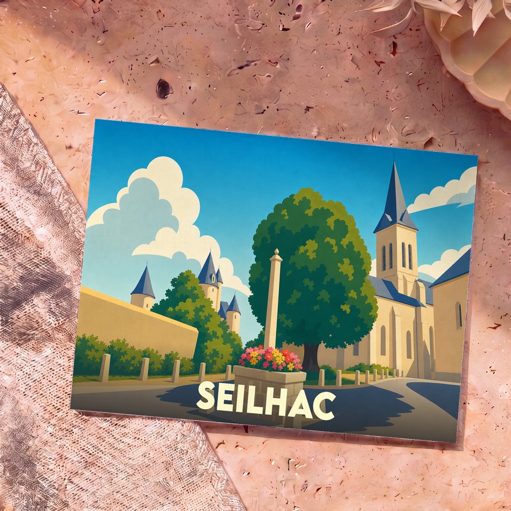 Carte postale souvenir de la ville de Seilhac avec une illustration stylisée d'un village français.