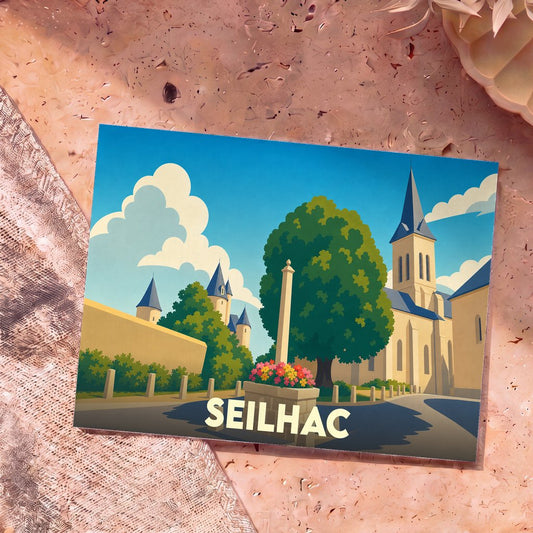 Carte postale souvenir de la ville de Seilhac avec une illustration stylisée d'un village français.