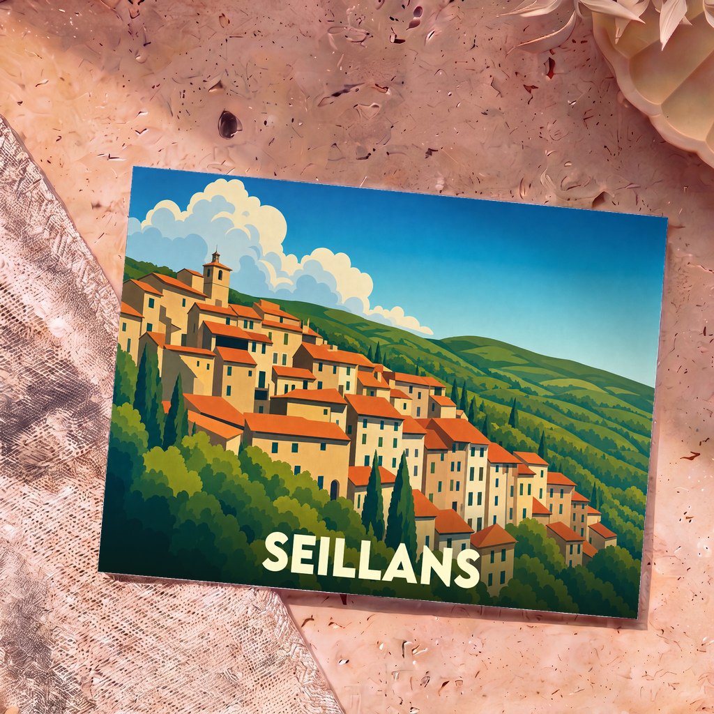 Carte postale souvenir de la ville de Seillans illustrant son village perché au style graphique et coloré.