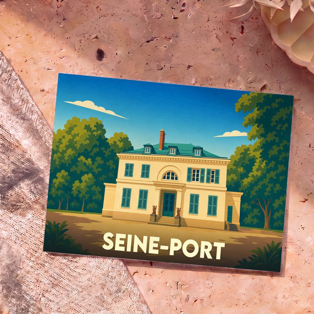 Carte postale souvenir de la ville de Seine-Port avec une illustration stylisée d'une demeure classique.