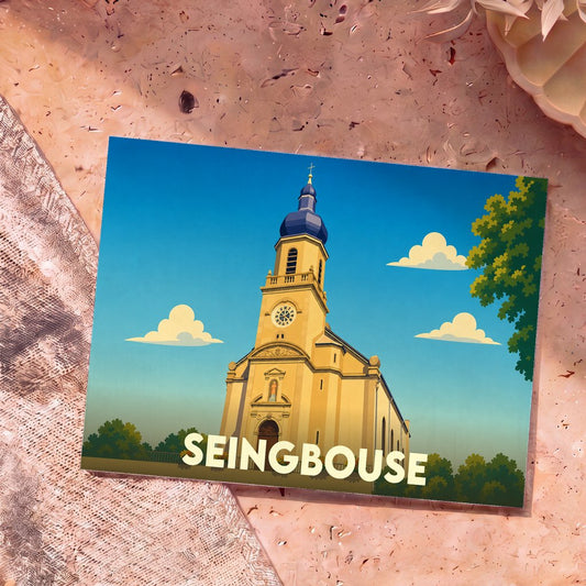 Carte postale souvenir de la ville de Seingbouse représentant son église avec une illustration stylisée.