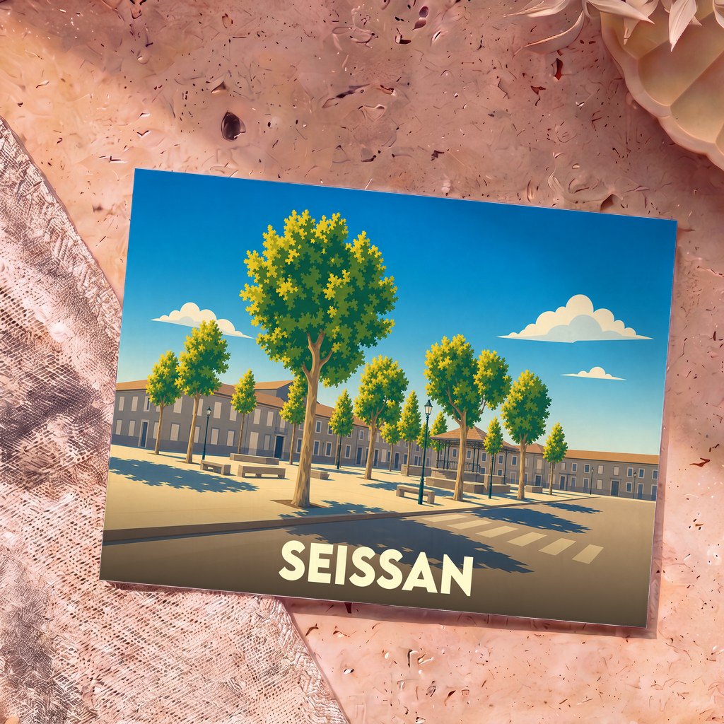 Carte postale souvenir de la ville de Seissan avec une illustration stylisée d'une place arborée sous un ciel bleu.