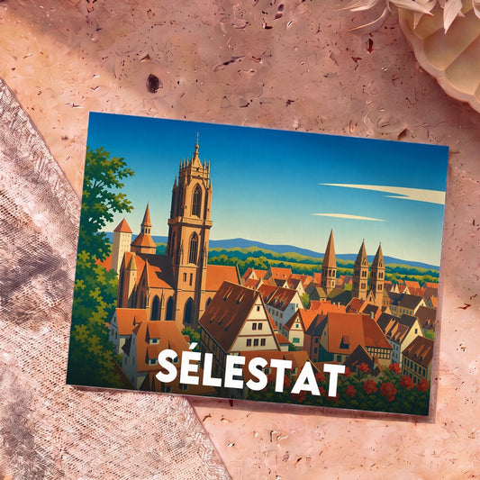 Carte postale souvenir de la ville de Sélestat arborant une illustration stylisée de ses églises et de ses toits traditionnels.