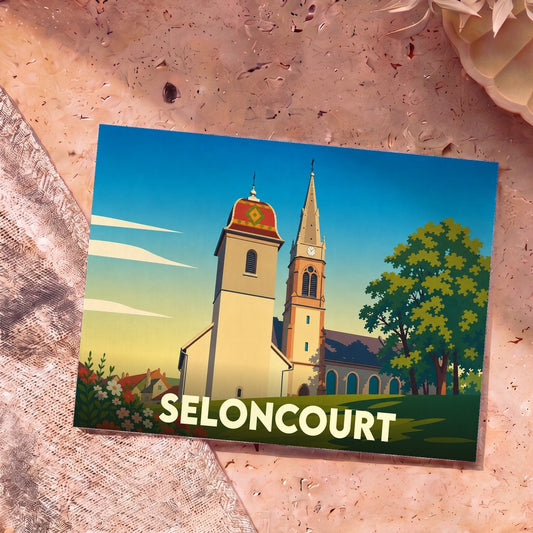 Carte postale souvenir de la ville de Seloncourt avec une illustration stylisée de son église.