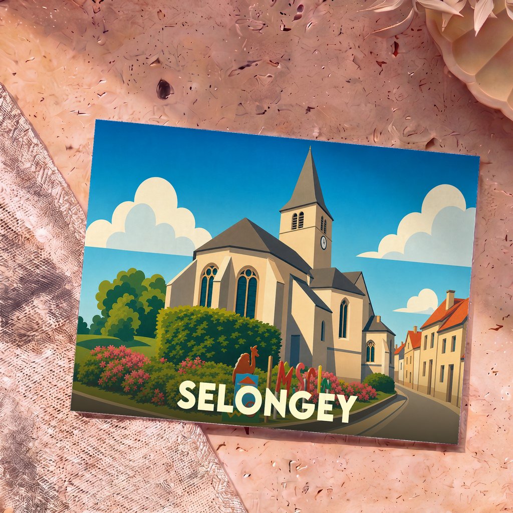 Carte postale souvenir de la ville de Selongey avec une illustration stylisée de son église et de ses rues.