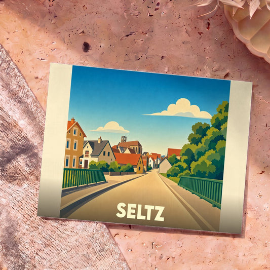 Carte postale souvenir de la ville de Seltz avec une illustration stylisée d'une rue pittoresque.