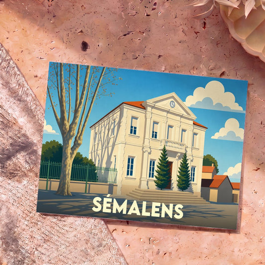 Carte postale souvenir de la ville de Sémalens avec une illustration stylisée de sa mairie.