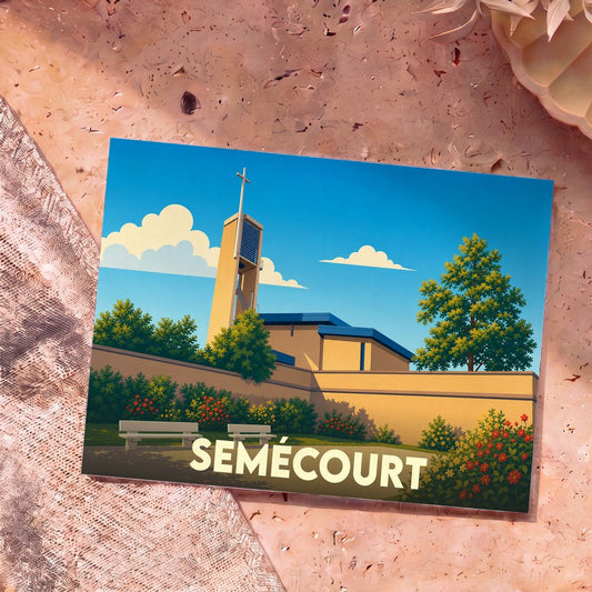 Carte postale souvenir de la ville de Semécourt avec une illustration stylisée de son église moderne et de ses jardins.