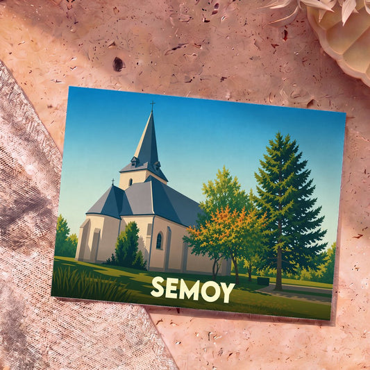 Carte postale souvenir de la ville de Semoy illustrant son église dans un style graphique épuré.