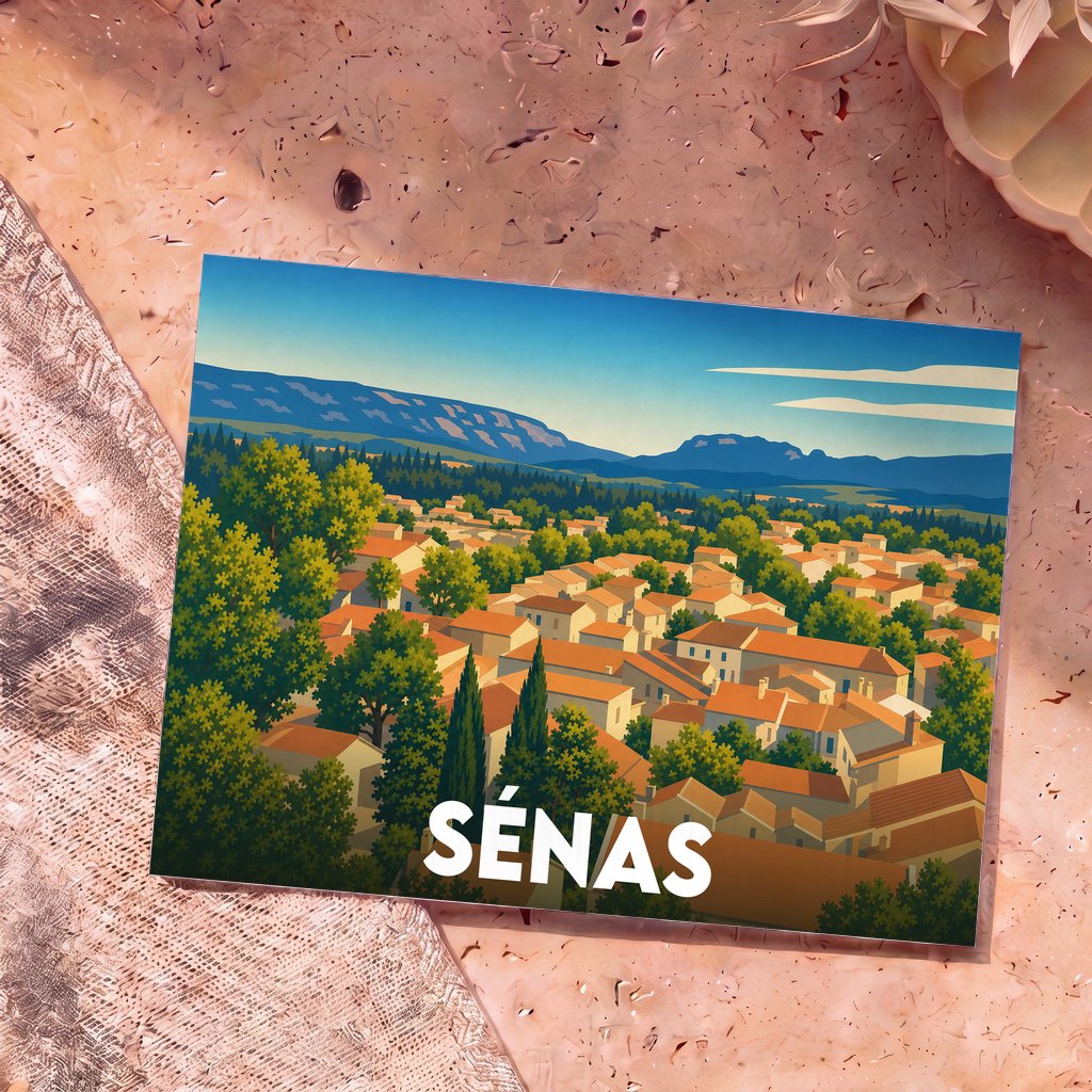 Carte postale souvenir de la ville de Sénas avec une illustration stylisée de ses toits provençaux et des collines environnantes.