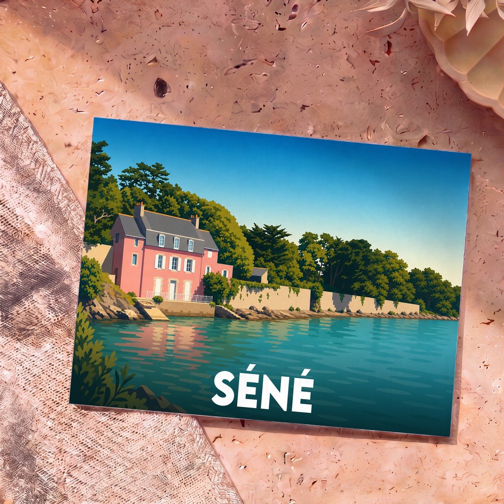 Carte postale souvenir de la ville de Séné avec une illustration stylisée d'une maison rose en bord de mer.