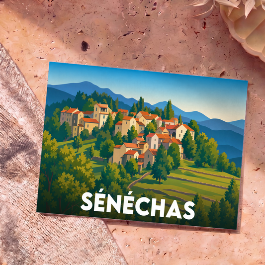 Carte postale souvenir de la ville de Sénéchas avec une illustration stylisée d'un village perché.