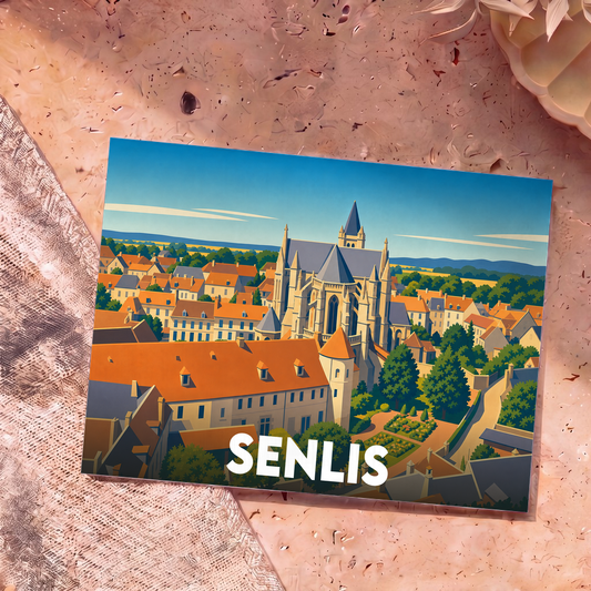 Carte postale souvenir de la ville de Senlis avec une illustration stylisée de sa cathédrale et de ses toits.