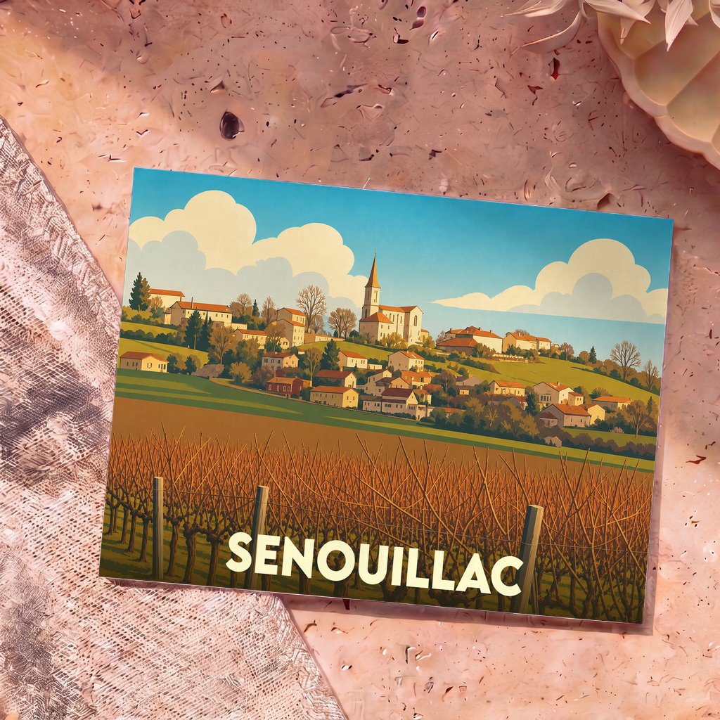 Carte postale souvenir de la ville de Senouillac avec une illustration stylisée de son village et de ses vignobles.