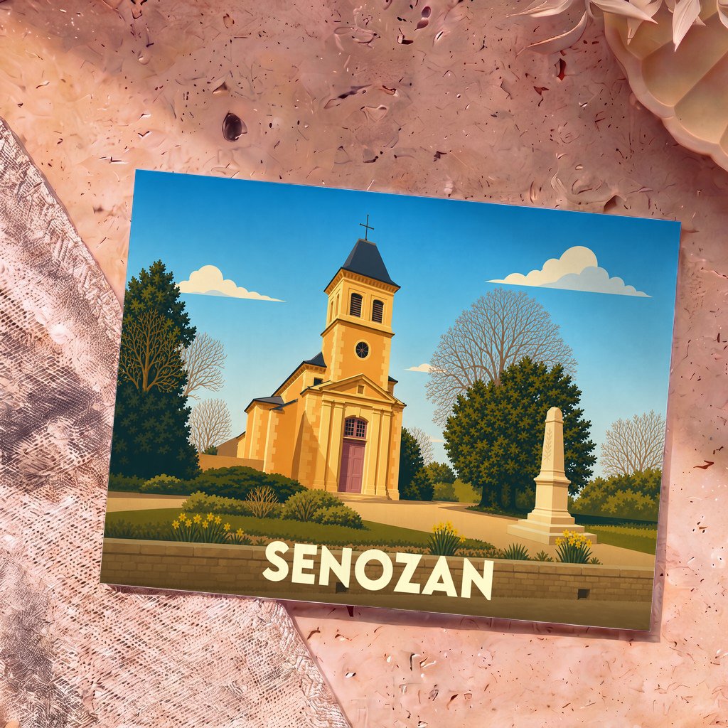 Carte postale souvenir de la ville de Senozan avec une illustration stylisée de son église.