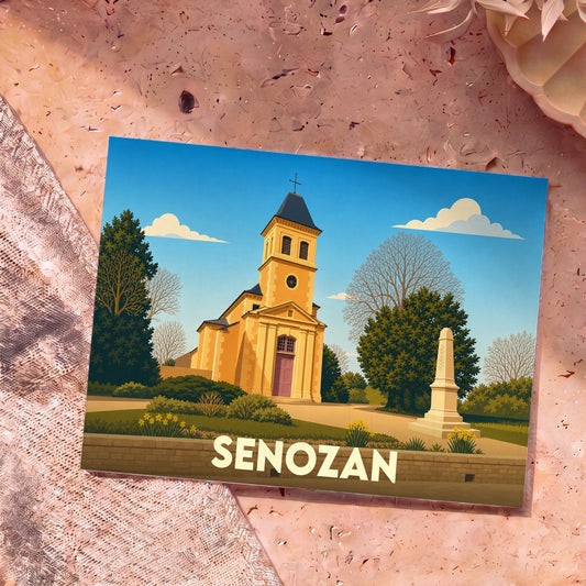 Carte postale souvenir de la ville de Senozan avec une illustration stylisée de son église.