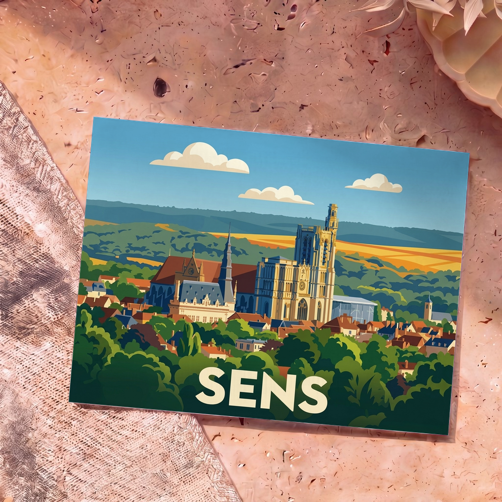 Carte postale souvenir de la ville de Sens avec une illustration stylisée de sa cathédrale surplombant la ville et la nature.