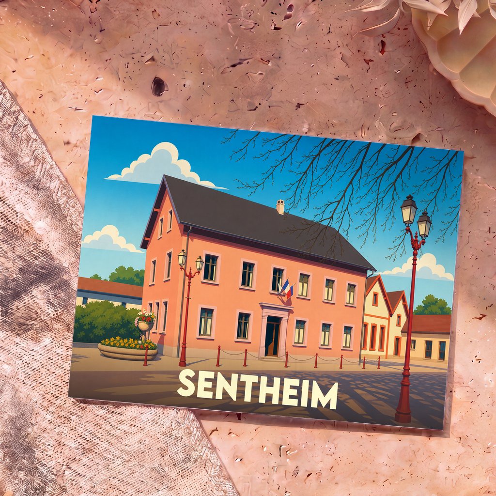Carte postale souvenir de la ville de Sentheim avec une illustration stylisée de la mairie sous un ciel bleu.