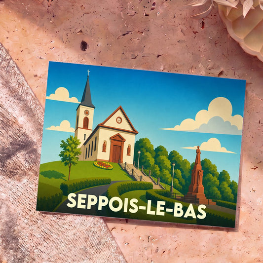 Carte postale souvenir de la ville de Seppois-le-Bas avec une illustration stylisée d'une église et d'un monument.