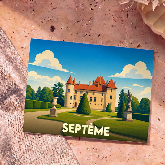 Carte postale souvenir de la ville de Septème illustrant son château dans un style graphique épuré.
