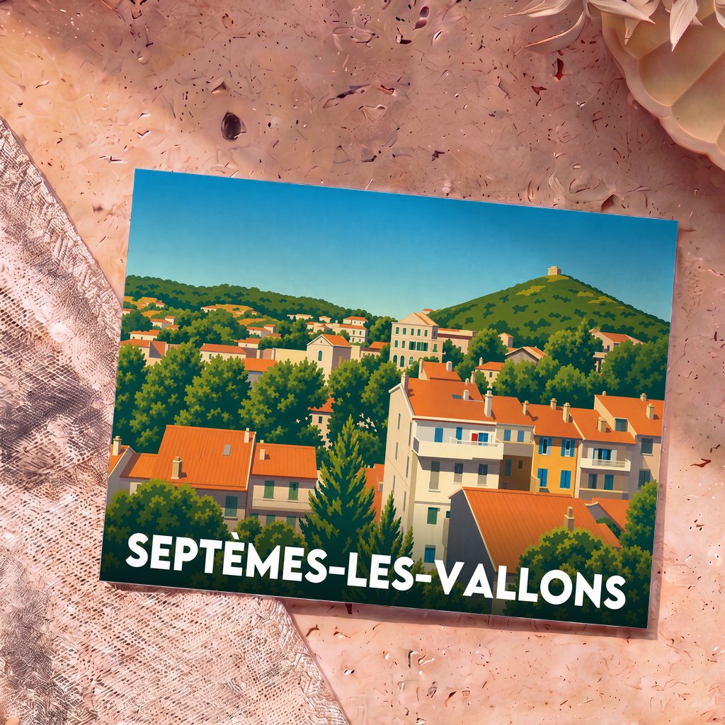 Carte postale souvenir de la ville de Septèmes-les-Vallons avec une illustration stylisée d'un paysage provençal.