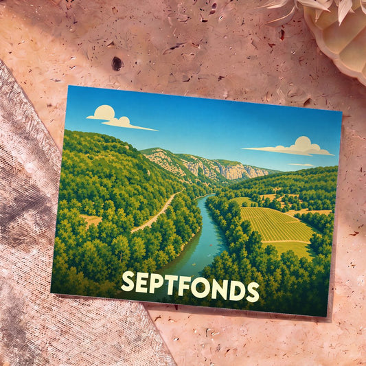 Carte postale souvenir de la ville de Septfonds illustrant une vallée verdoyante et une rivière.
