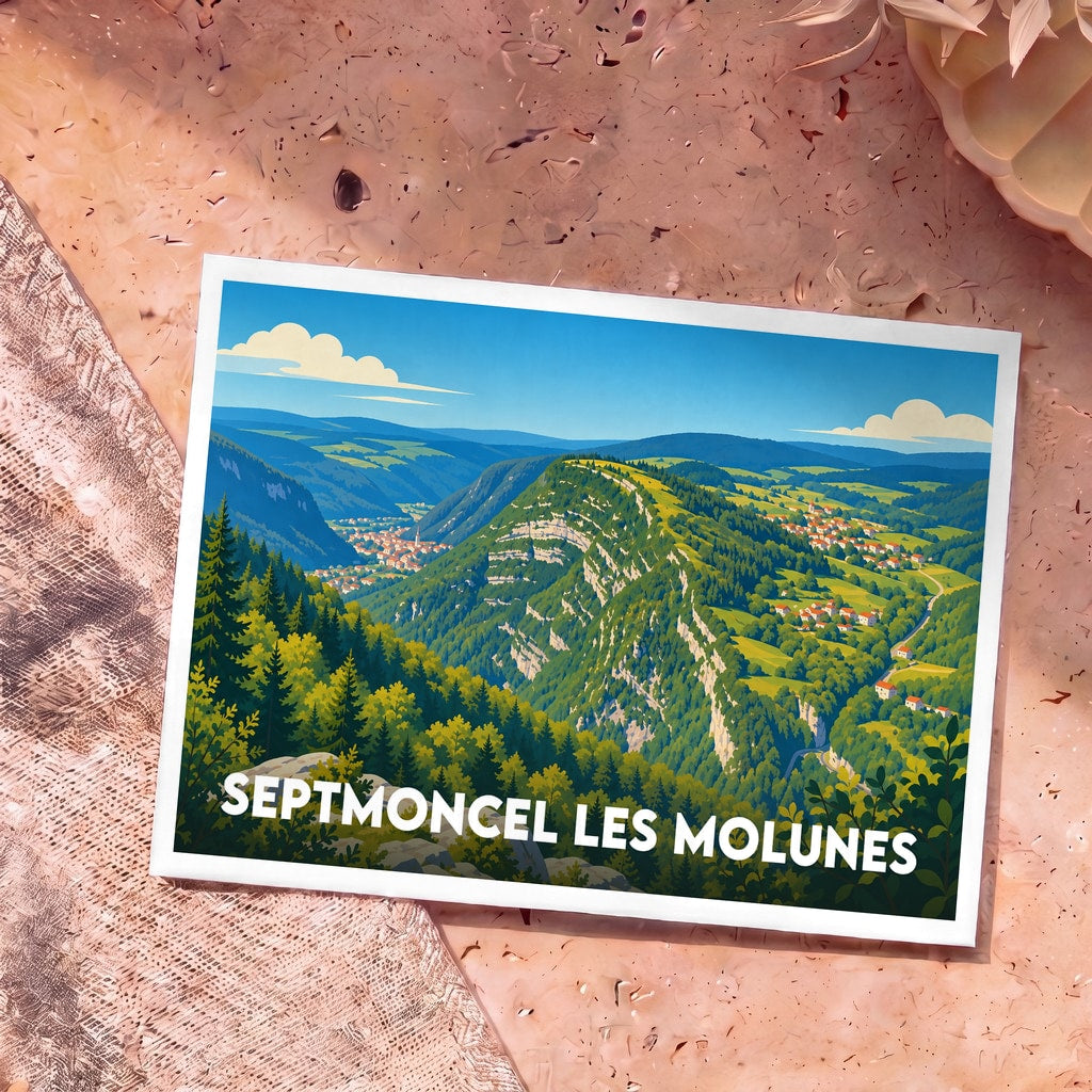 Carte postale souvenir de Septmoncel les Molunes avec une illustration stylisée de ses paysages montagneux.