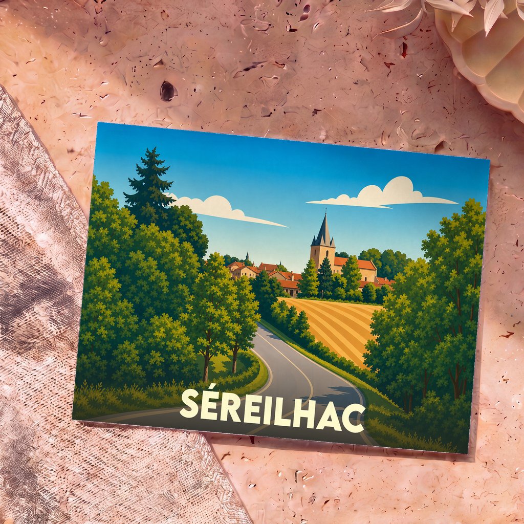 Carte postale souvenir de la ville de Séreilhac avec une illustration stylisée de son paysage champêtre.