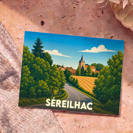Carte postale souvenir de la ville de Séreilhac avec une illustration stylisée de son paysage champêtre.