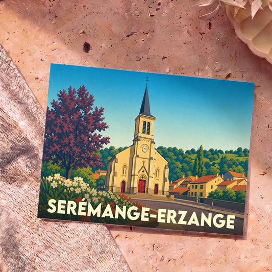 Carte postale souvenir de la ville de Serémange-Erzange avec une illustration stylisée de son église.