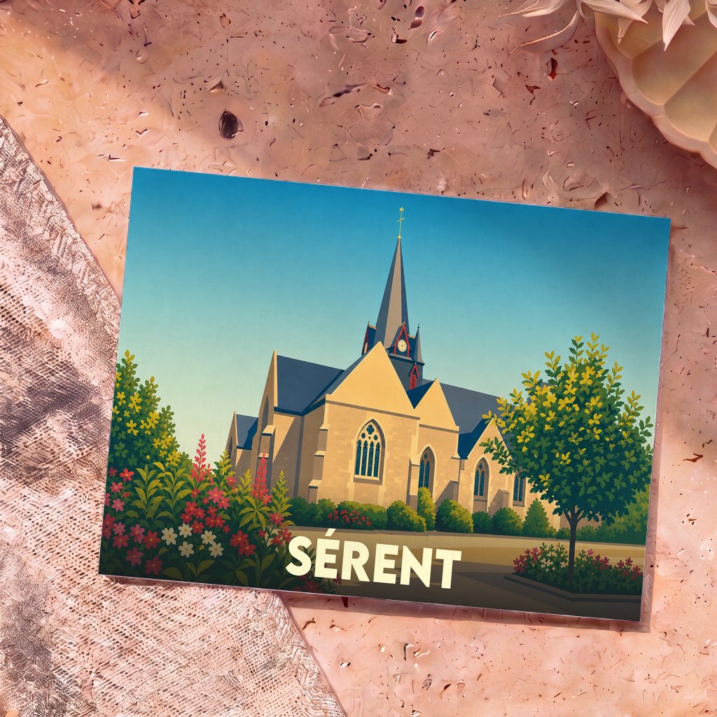 Carte postale souvenir de la ville de Sérent avec une illustration stylisée de son église et de jardins fleuris.