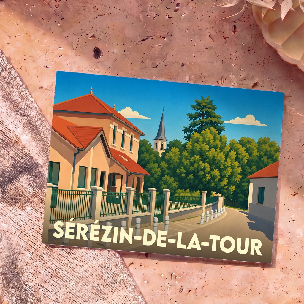 Carte postale souvenir de la ville de Sérézin-de-la-Tour avec une illustration stylisée.