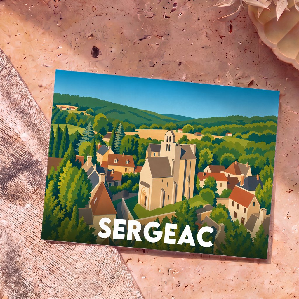 Carte postale souvenir de la ville de Sergeac avec une illustration stylisée et colorée.