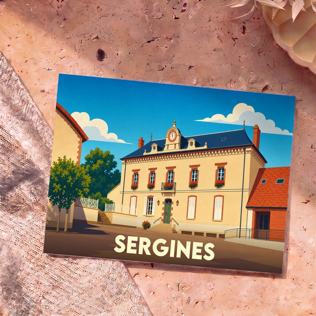 Carte postale souvenir de la ville de Sergines avec une illustration stylisée de sa mairie.