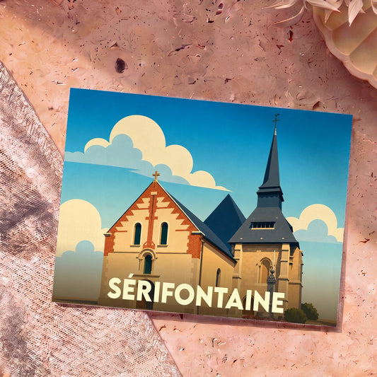 Carte postale souvenir de la ville de Sérifontaine avec une illustration stylisée de son église.