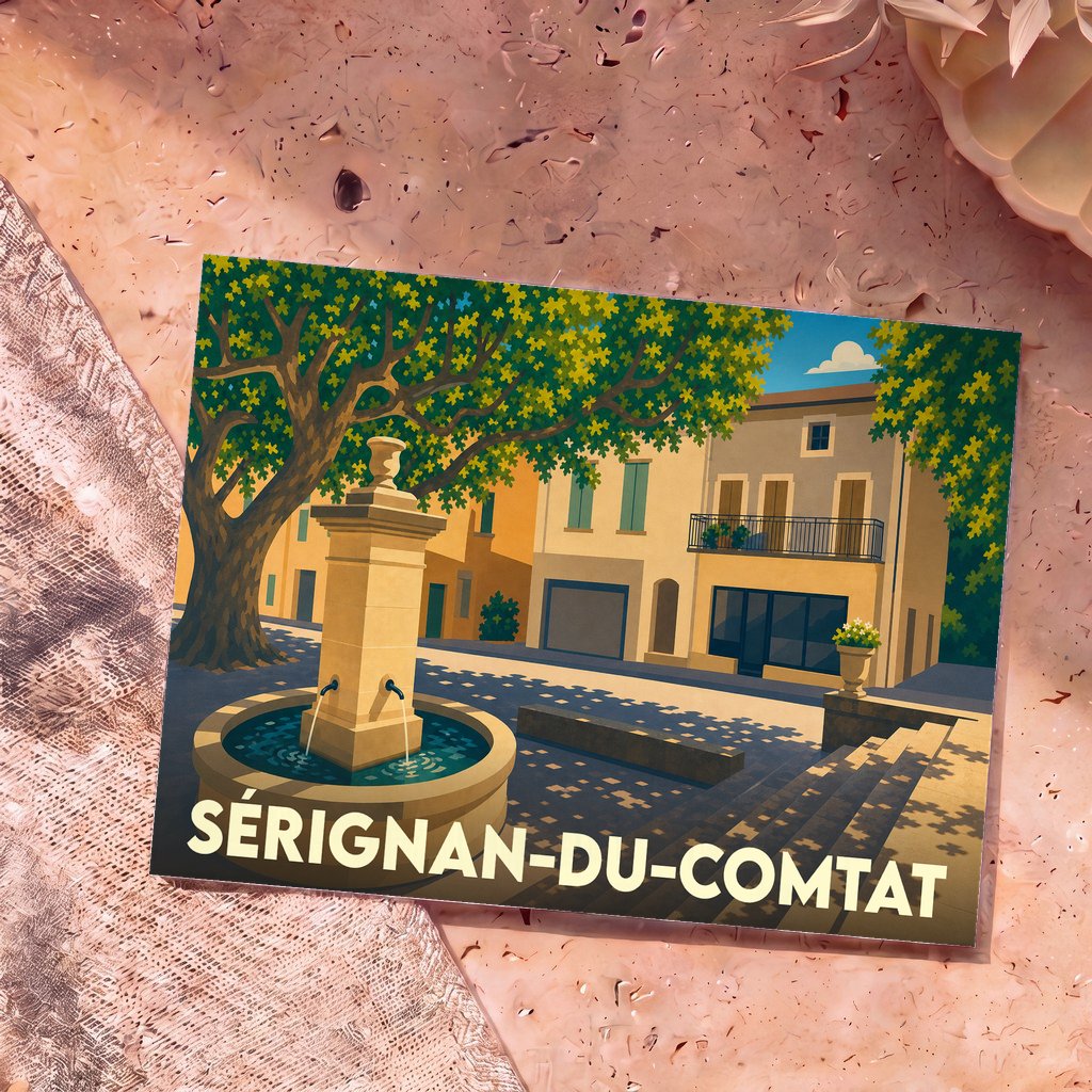 Carte postale souvenir de la ville de Sérignan-du-Comtat avec une illustration stylisée de sa place de la fontaine.