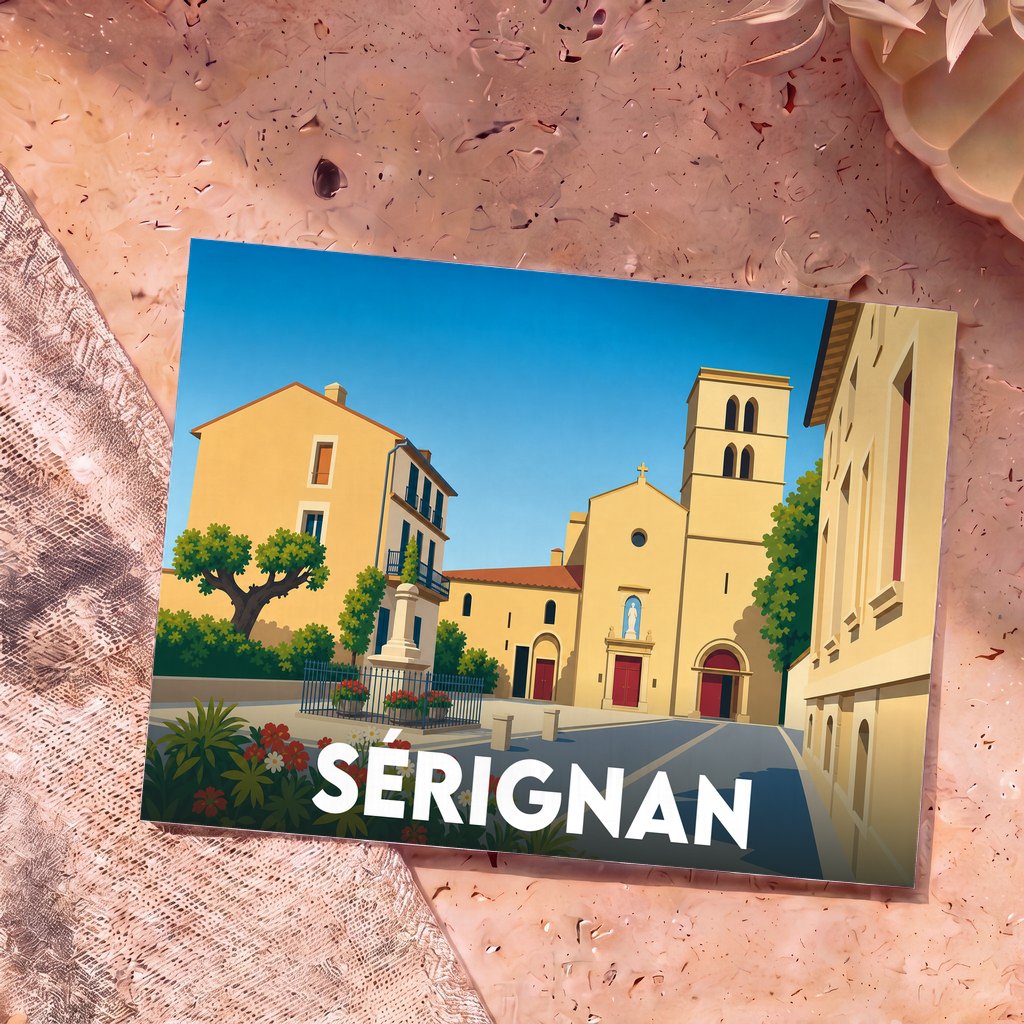 Carte postale souvenir de la ville de Sérignan avec une illustration stylisée de sa place centrale et de son église.