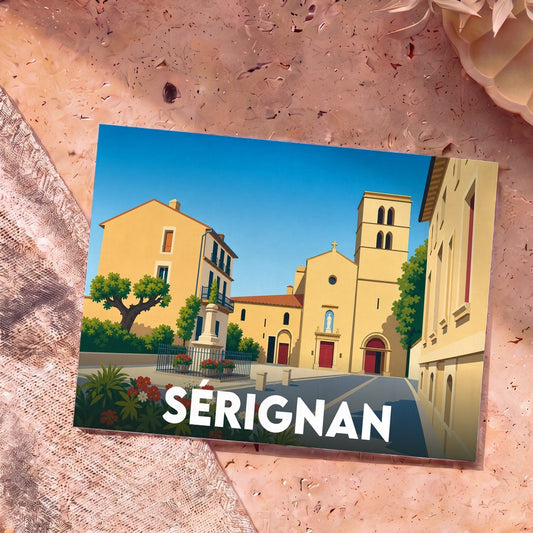 Carte postale souvenir de la ville de Sérignan avec une illustration stylisée de sa place centrale et de son église.