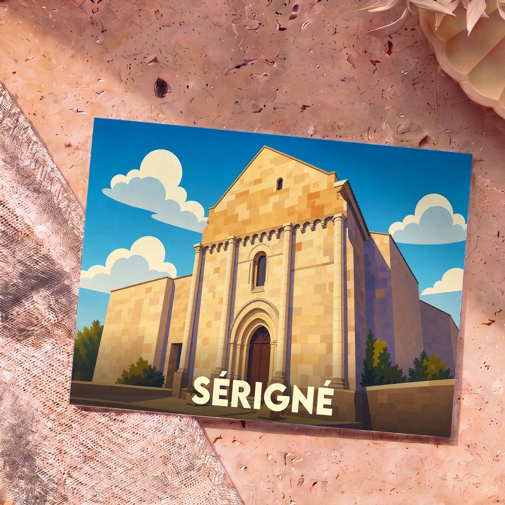 Carte postale souvenir de la ville de Sérigné avec une illustration stylisée de son église romane.