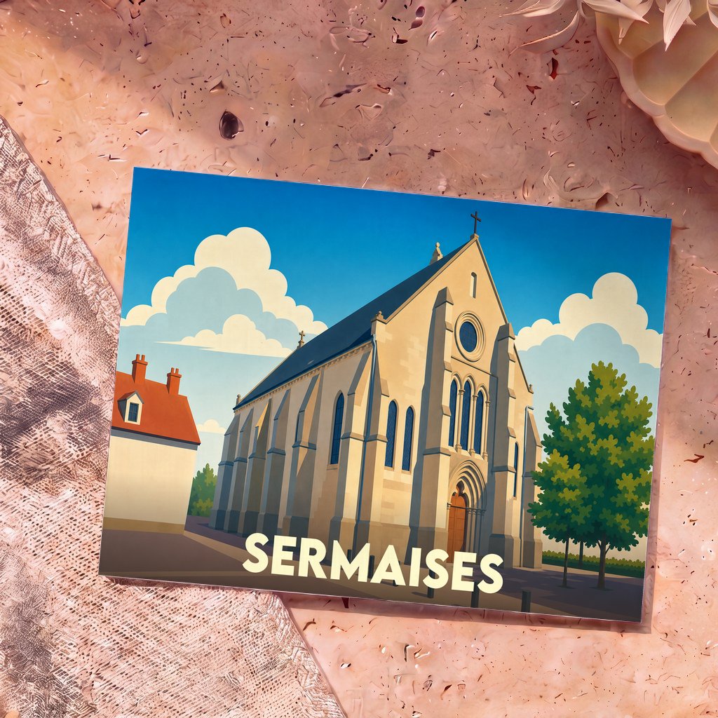 Carte postale souvenir de la ville de Sermaises avec une illustration stylisée de son église.