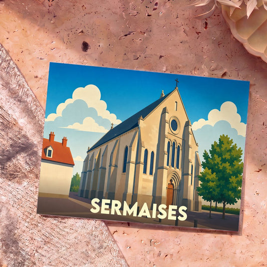 Carte postale souvenir de la ville de Sermaises avec une illustration stylisée de son église.