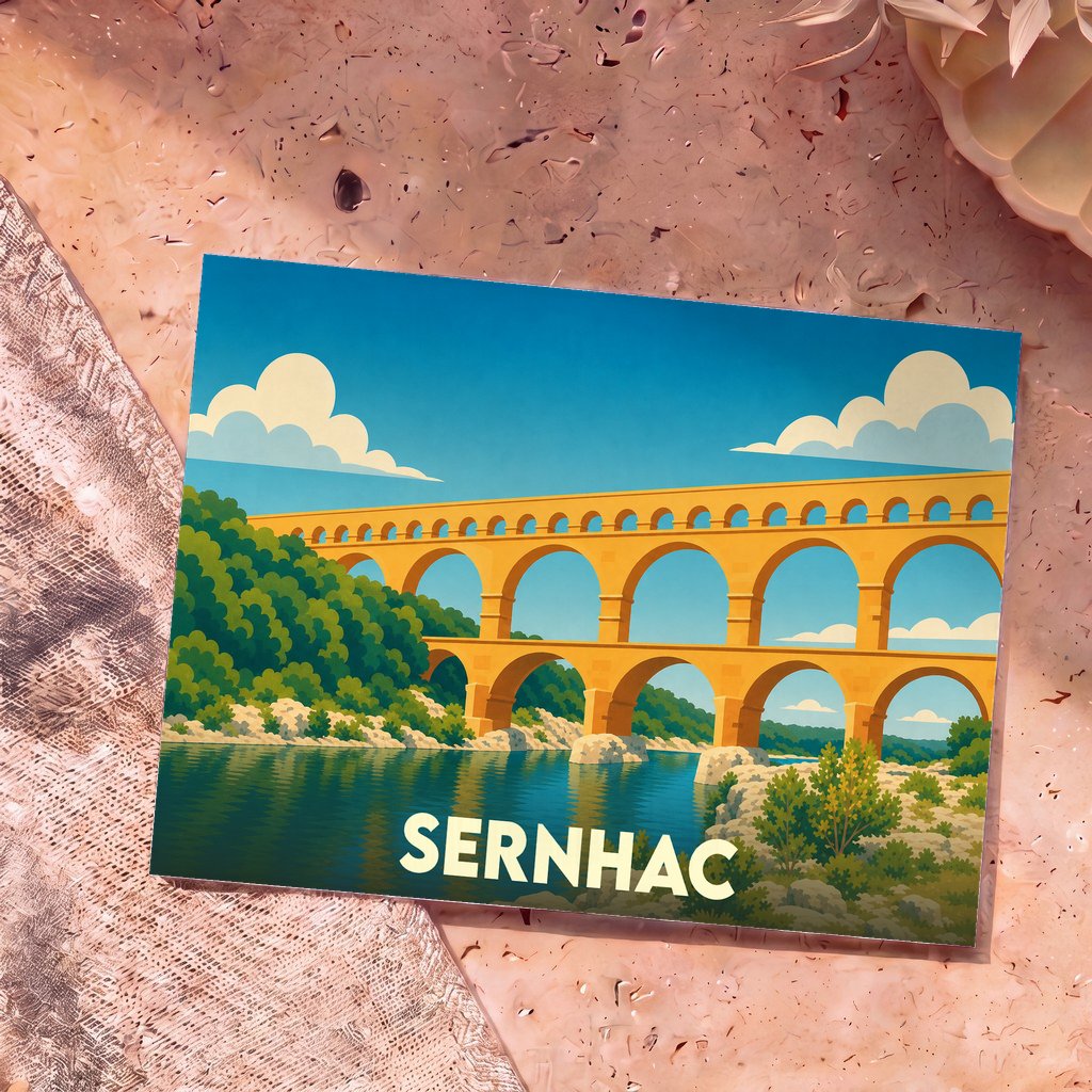 Carte postale souvenir de la ville de Sernhac illustrant le Pont du Gard dans un style graphique et coloré.