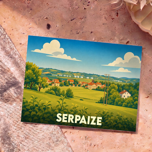 Carte postale souvenir de la ville de Serpaize avec une illustration stylisée de son paysage rural.