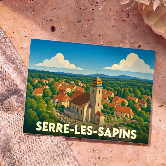Carte postale souvenir de la ville de Serre-les-Sapins avec une illustration stylisée de son église et de ses paysages verdoyants.