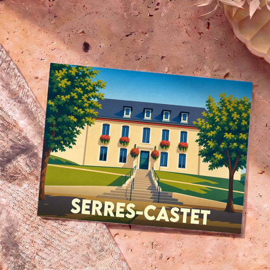 Carte postale souvenir de la ville de Serres-Castet avec une illustration stylisée de sa mairie.