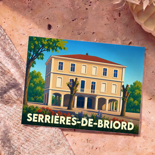Carte postale souvenir de la ville de Serrières-de-Briord avec une illustration stylisée d'un bâtiment historique.