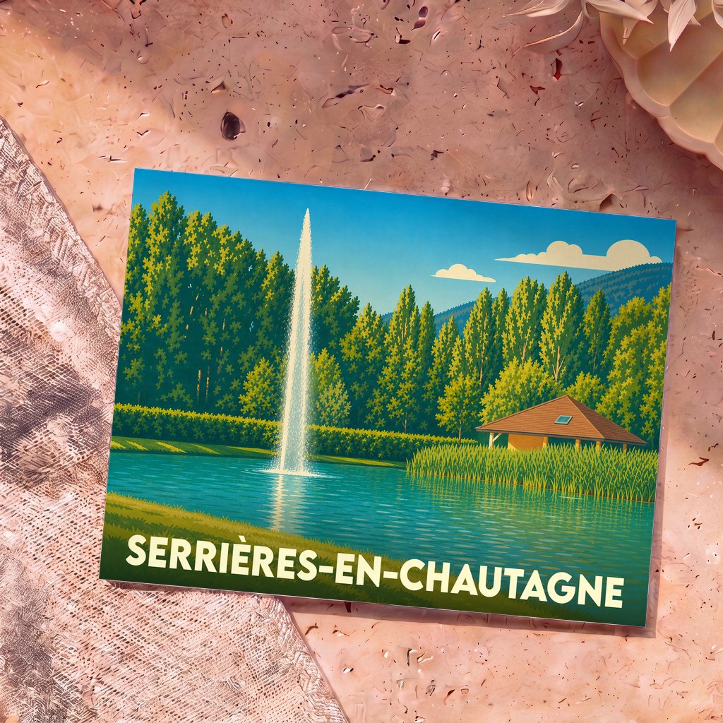 Carte postale souvenir de la ville de Serrières-en-Chautagne avec une illustration stylisée d'un plan d'eau et de son jet d'eau.