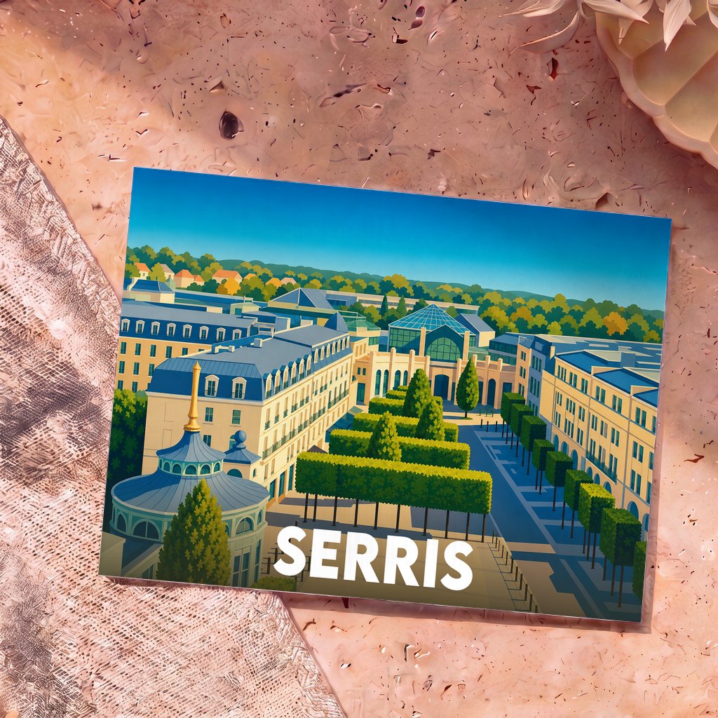 Carte postale souvenir de la ville de Serris avec une illustration stylisée de son architecture urbaine.