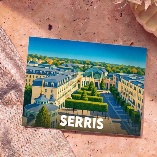 Carte postale souvenir de la ville de Serris avec une illustration stylisée de son architecture urbaine.