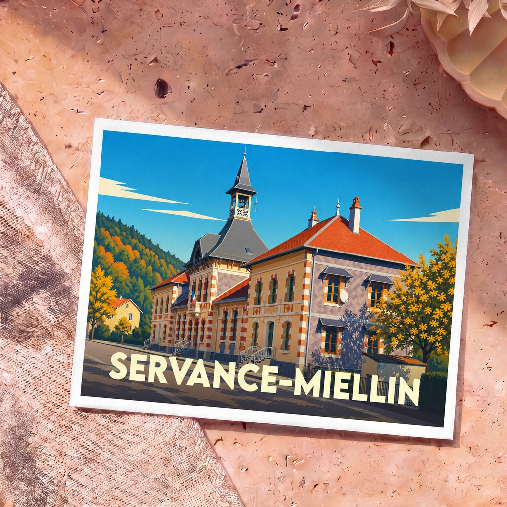 Carte postale souvenir de la ville de Servance-Miellin avec une illustration stylisée de son architecture locale.